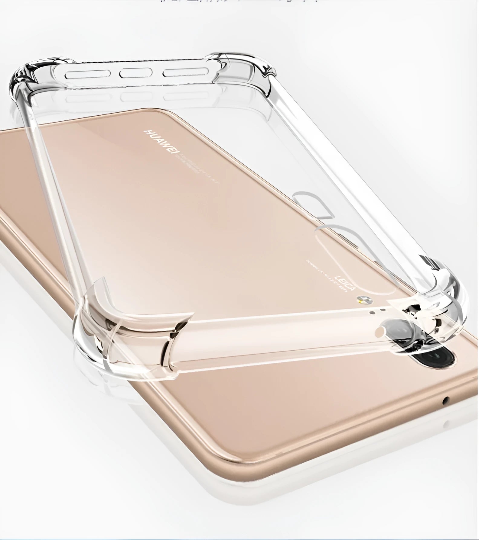Transparent TPU airbag drop-resistant phone case for Huawei and Honor smartphones on a white background.