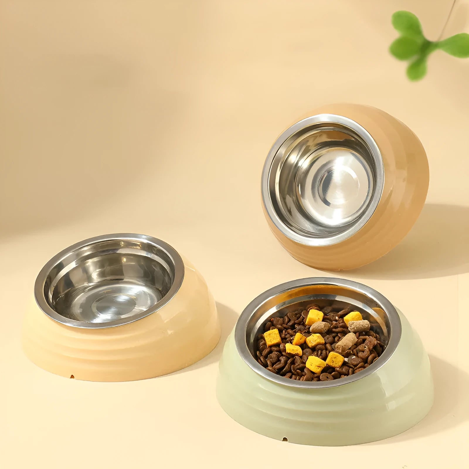 Stainless steel cat bowl feeder in beige, light green or brown colour options