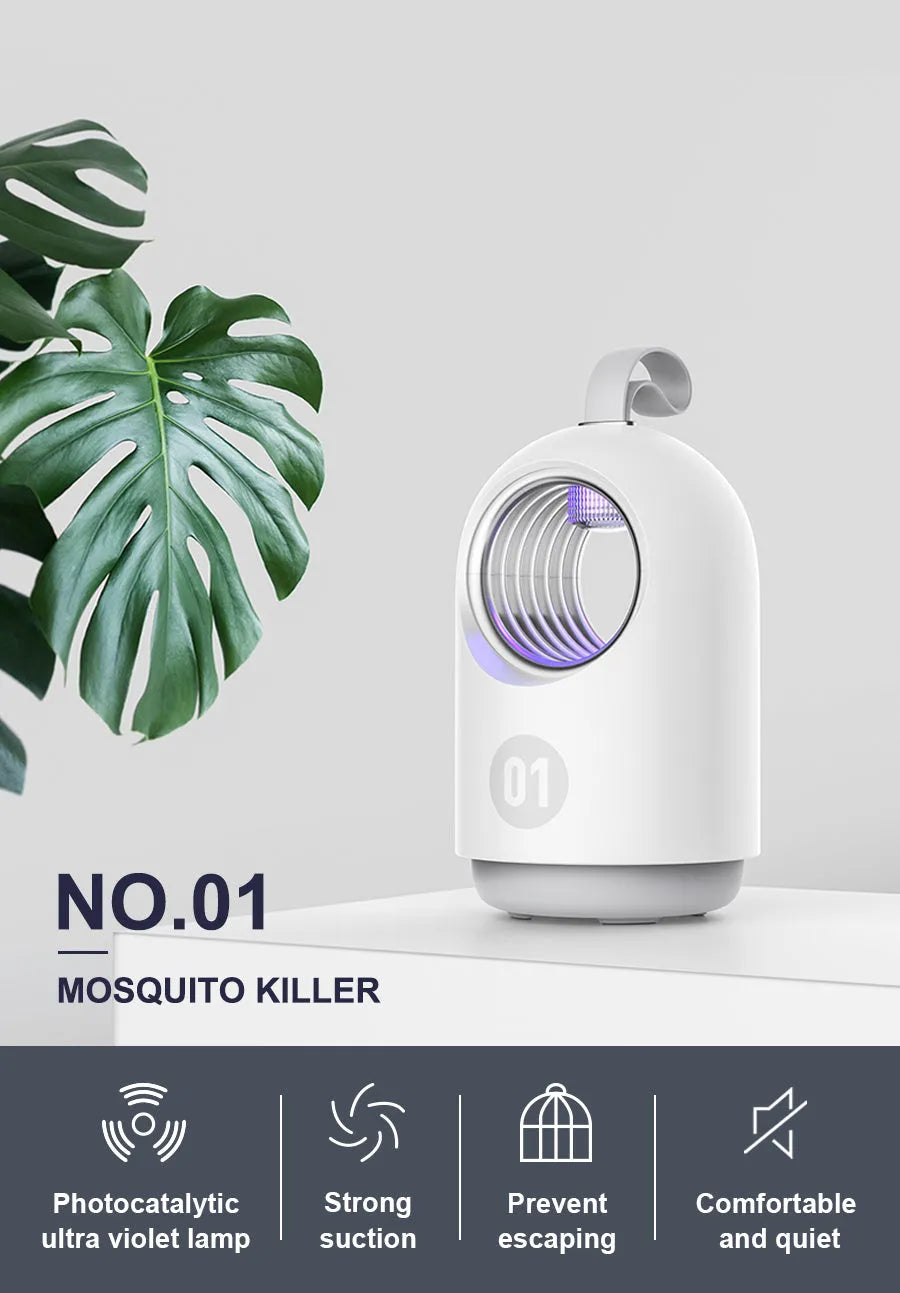 White or blue indoor mosquito killer lamp with UV light, fan, and silicone carry handle.