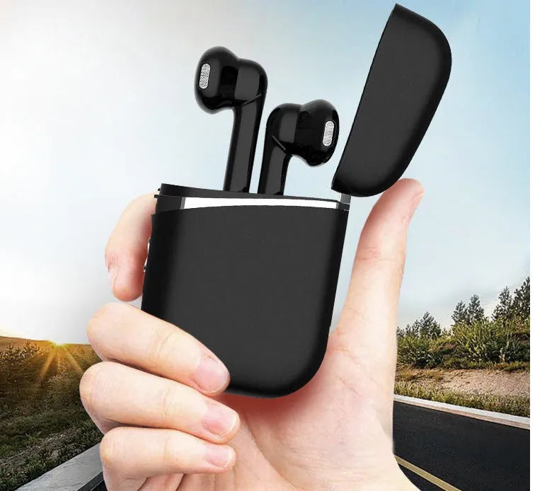 Black TWS wireless Bluetooth sports headset with Bluetooth 5.0, 10 metre range, stereo earplug design and battery display