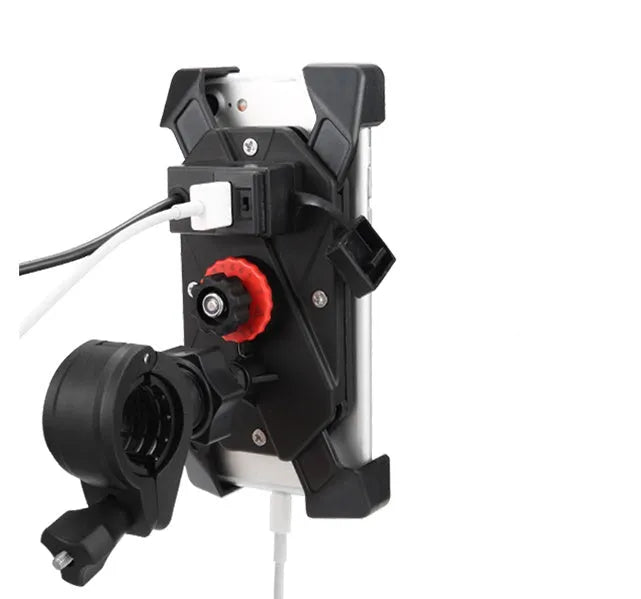 Black ABS motorcycle phone holder mounted on handlebar with adjustable arms and USB charging port