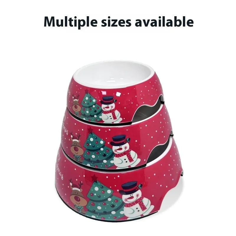 Red Christmas-themed double layer pet bowl with stainless steel insert for dogs and cats