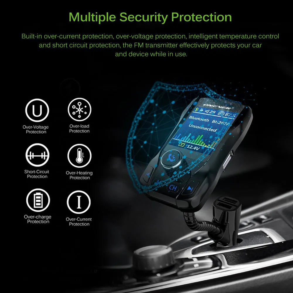 Black car FM transmitter with Bluetooth and a colour screen, showing dual USB ports and a flexible hose.