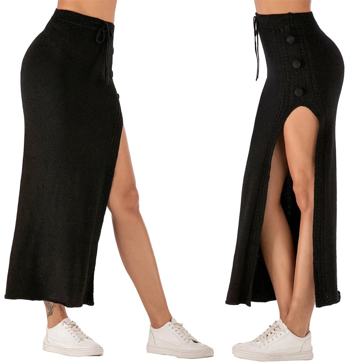 Acrylic woolen slim-fit mid-length skirt with split and straps in black, pink, or gray