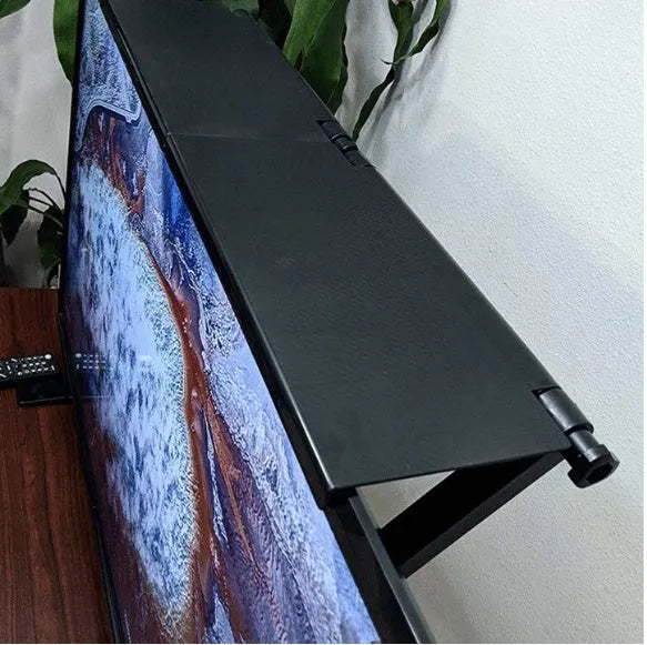 Black adjustable 13-inch screen top shelf for monitor or TV with TV box, router and remote on top.