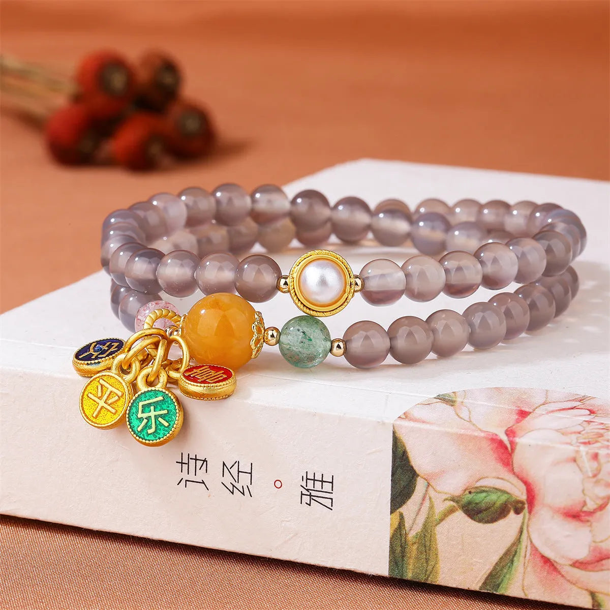 Natural gray agate bracelet with two-circle design on wrist