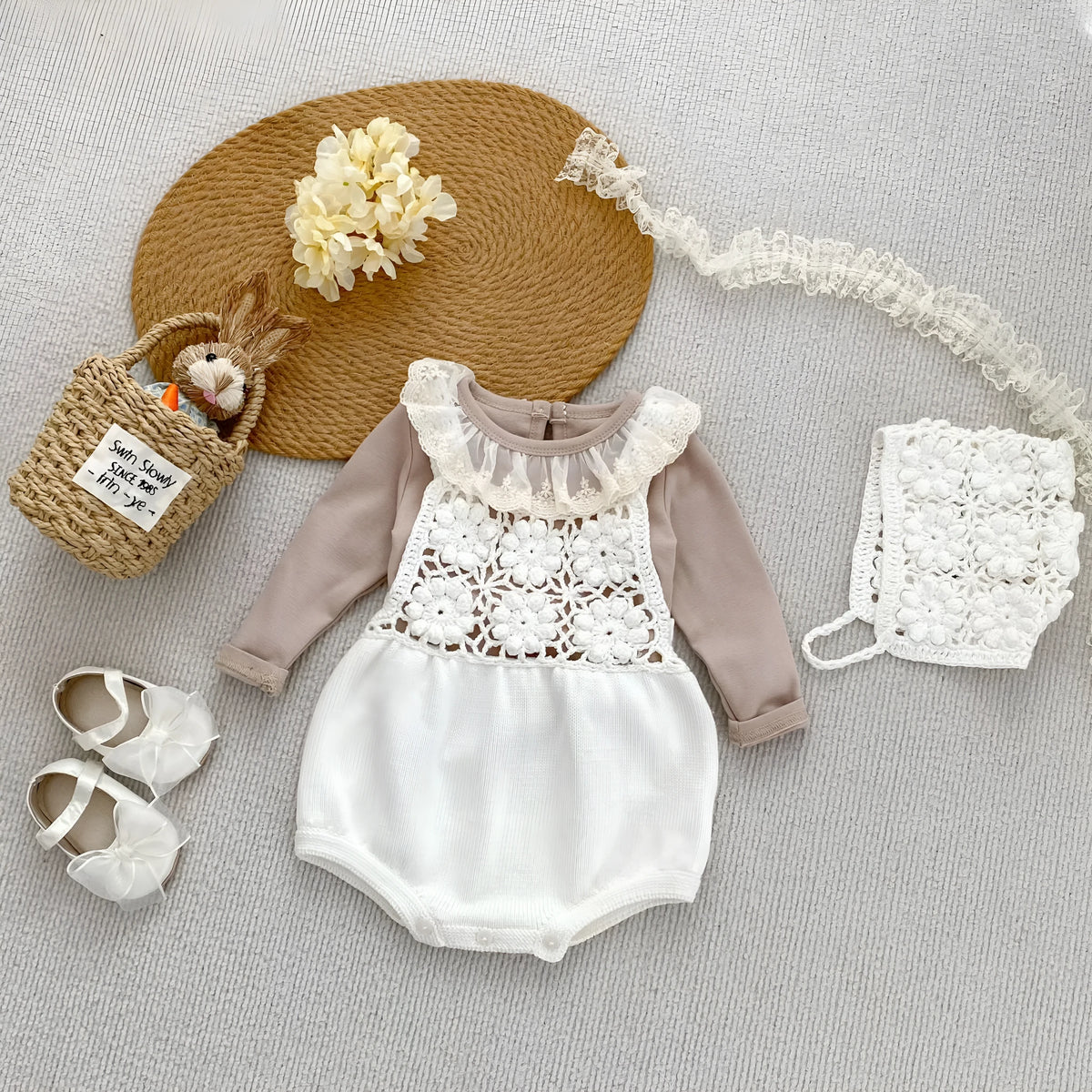 Beige cotton knitted baby romper with removable hood and matching hat, sleeveless triangle jumpsuit for girls
