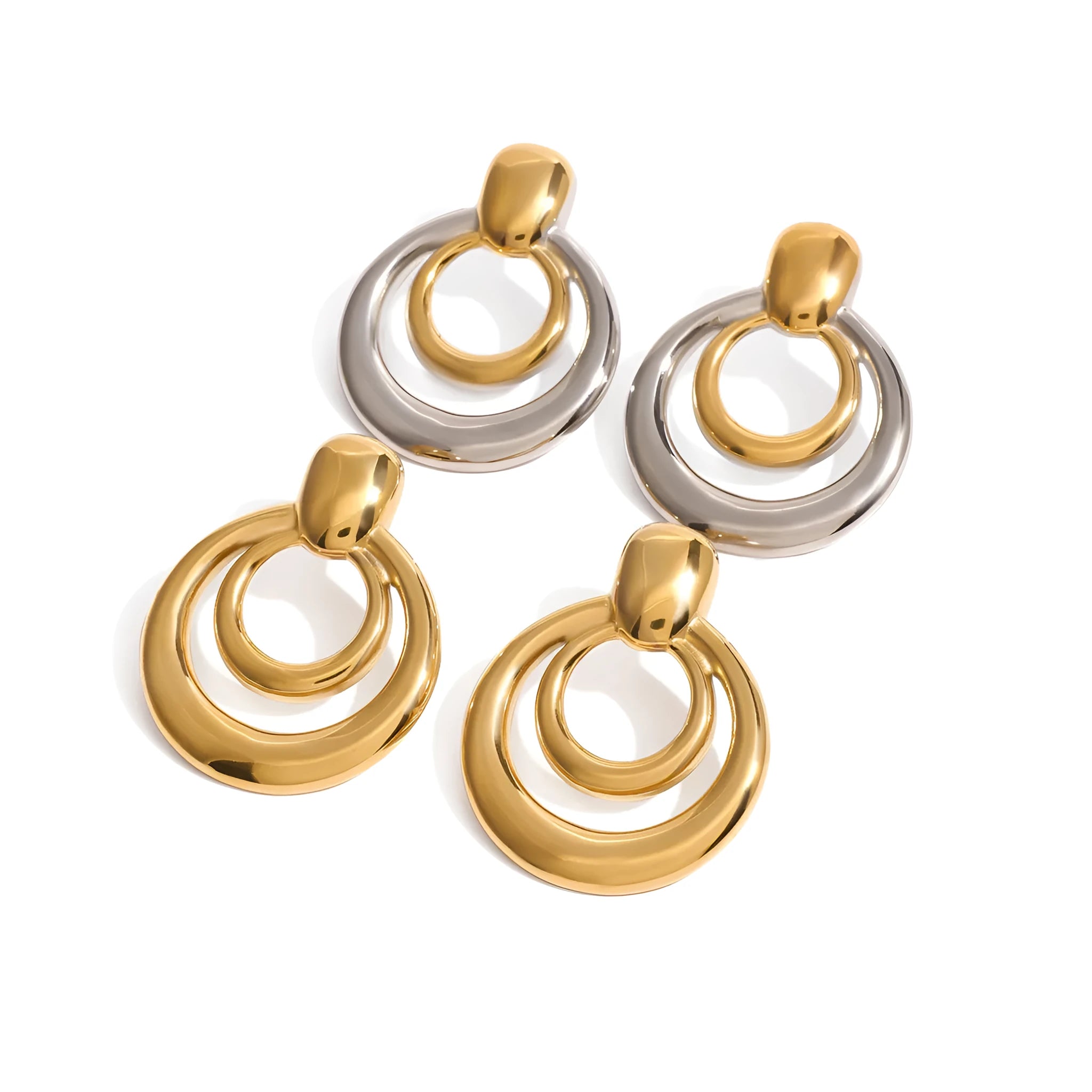 Gold-plated titanium steel hollow stud earrings with double-layer round geometry design