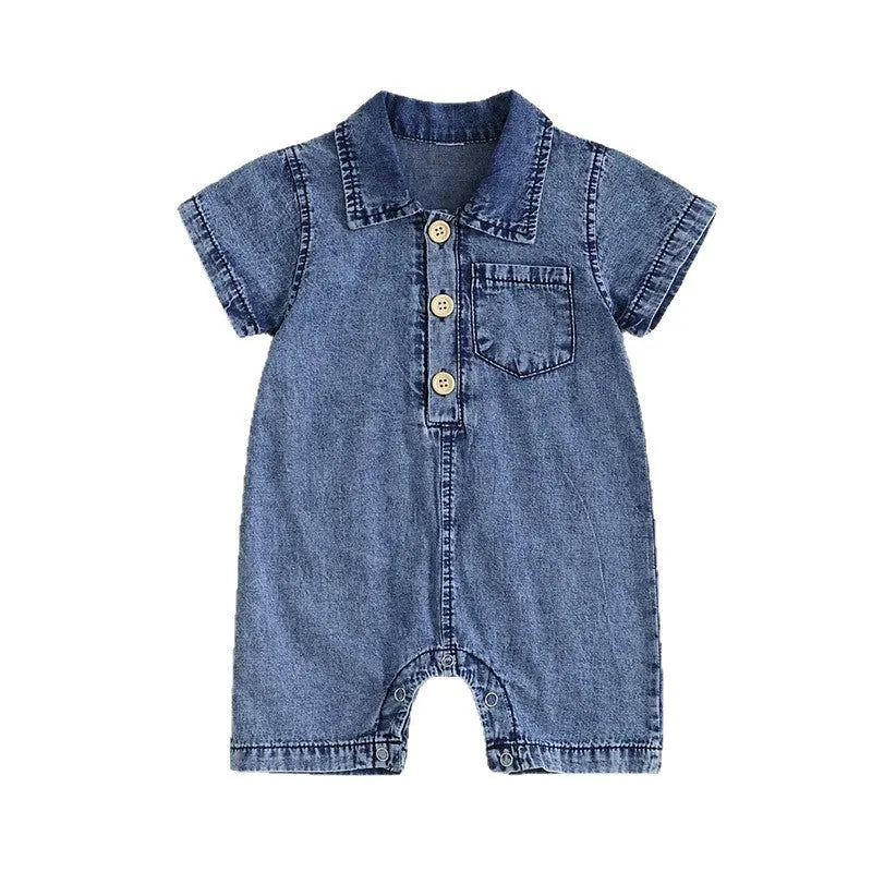 Blue western style solid colour short sleeve cotton romper for baby boys sizes 0 to 18 months