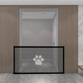Folding dog barrier net showing cloth construction with plastic rods and pet doorsill design
