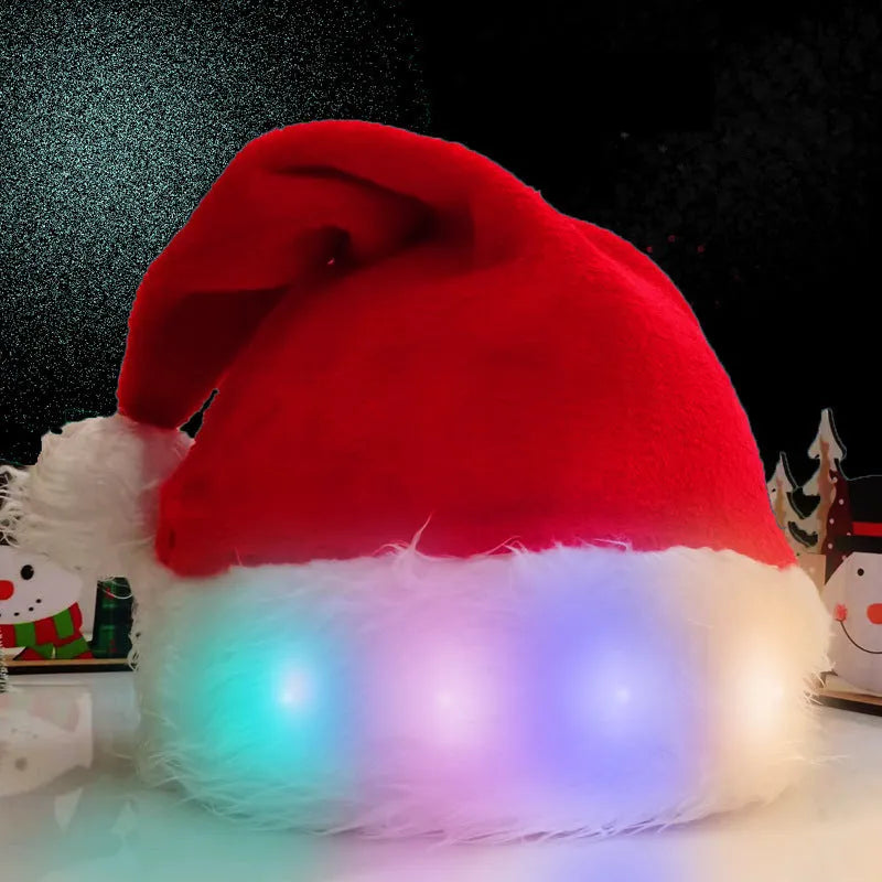 Red and white plush Santa hat with LED lights glowing around the rim and a white pom-pom.