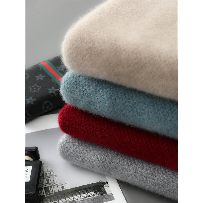 Sheep wool slim-fit pullover sweater with half zip on round neck, shown in various colours.