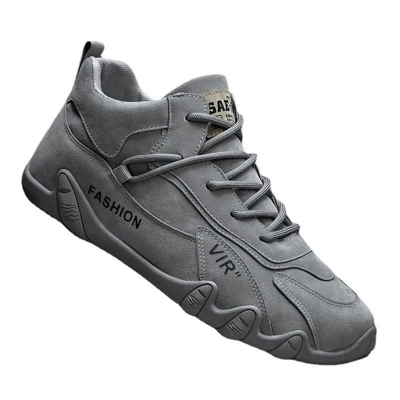 Men's grey low-top casual work shoes with non-slip sole and elastic band