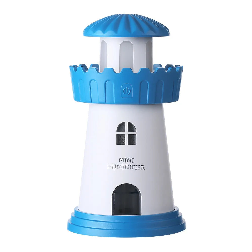 Mini lighthouse humidifier in green, USB ultrasonic design for desk use with night light