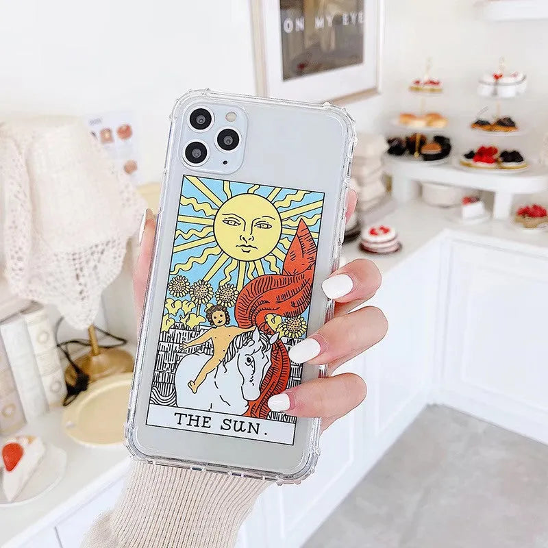 Creative mythology comic retro phone case with sun moon graffiti design for iPhone