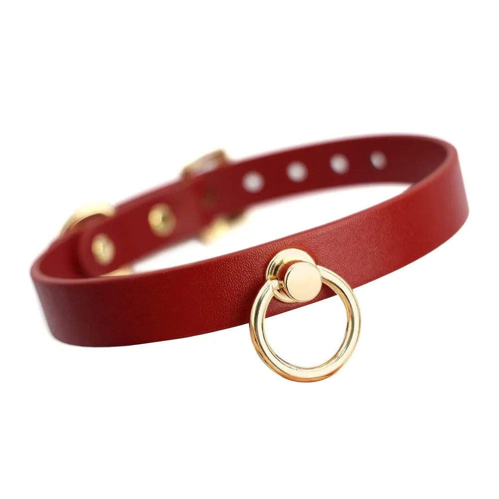 Genuine cowhide leather bondage collar with adjustable pull lead in black and red colour options