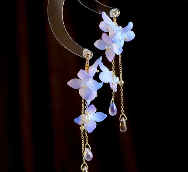 Handmade cold blue purple flower long tassel water drop earrings with gold-plated inlaid artificial gem