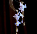 Handmade cold blue purple flower long tassel water drop earrings with gold-plated inlaid artificial gem