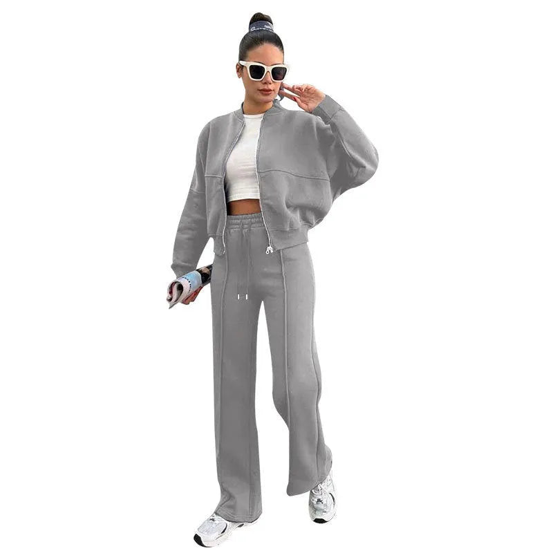 Women's fleece zipper cardigan and straight pants suit in black, casual long sleeve two-piece set