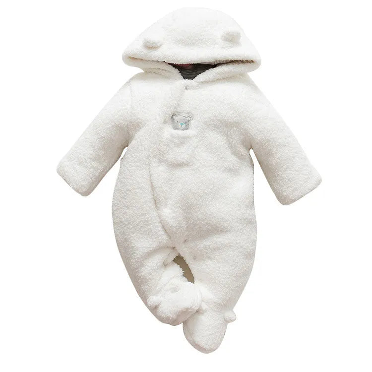 Baby wearing a white cotton padded lamb jumpsuit for winter