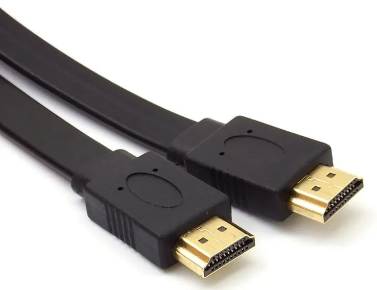 Flat black HDMI cable with gold-plated connectors shown in various lengths on a white background.
