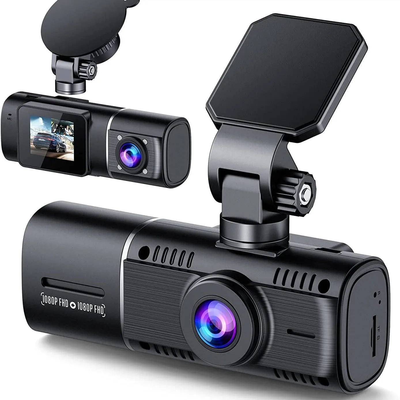Standard black dash cam for car with 1.5-inch screen, showing front and rear recording capability.