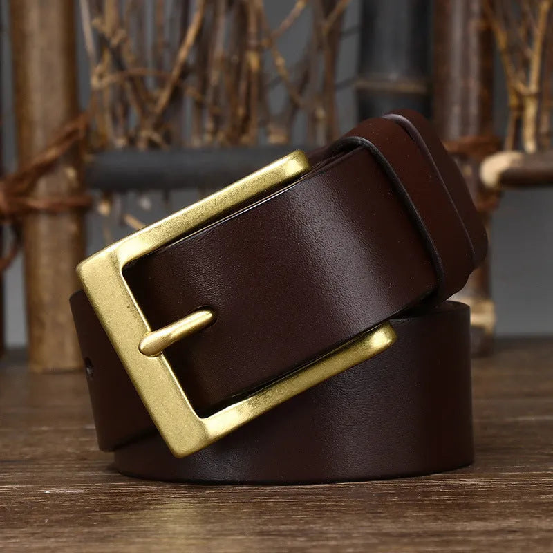 Men's genuine leather pin buckle belt in brown with copper buckle on white background