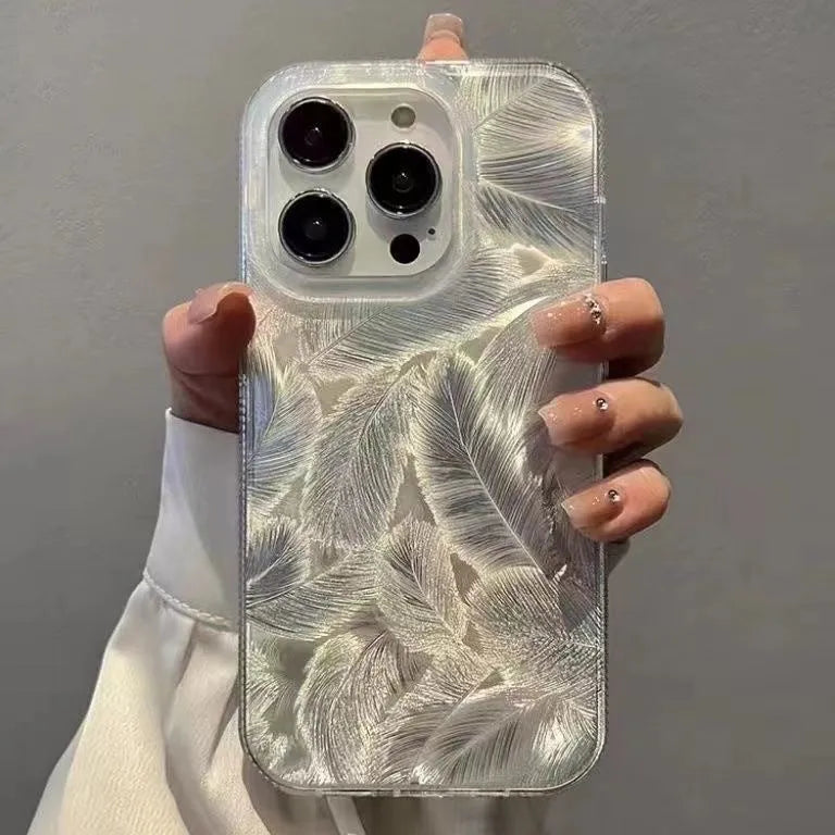 Feather pattern gradient TPU phone case in silver grey with small feather design for iPhone