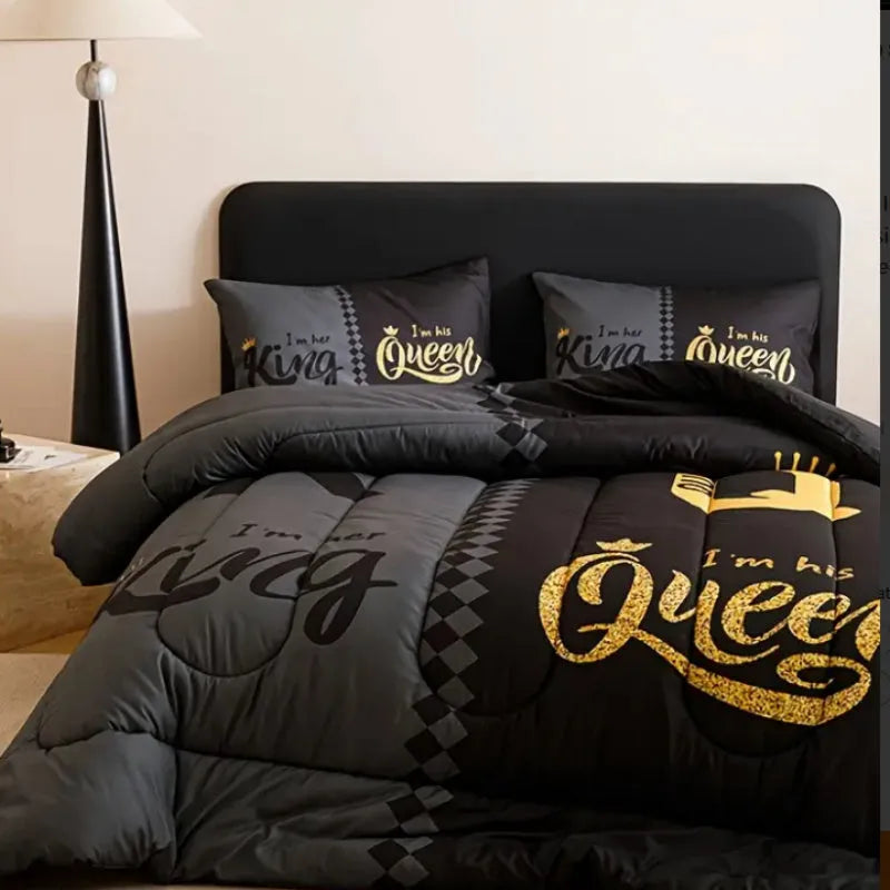 Three piece Crown English digital printed quilt cover set in light gray with pattern, on a bed