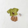 Girls' apricot coloured cotton shorts suit set with ice cream patch, short sleeves and round neck.