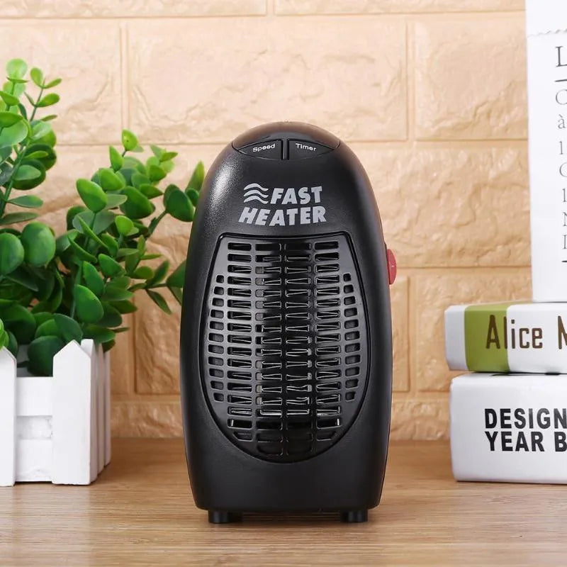 Black compact ceramic electric heater with digital display and a rotating three-pin plug.