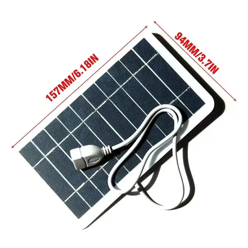 2W 5V solar panel charger with USB port measuring 157 by 94mm in PET casing