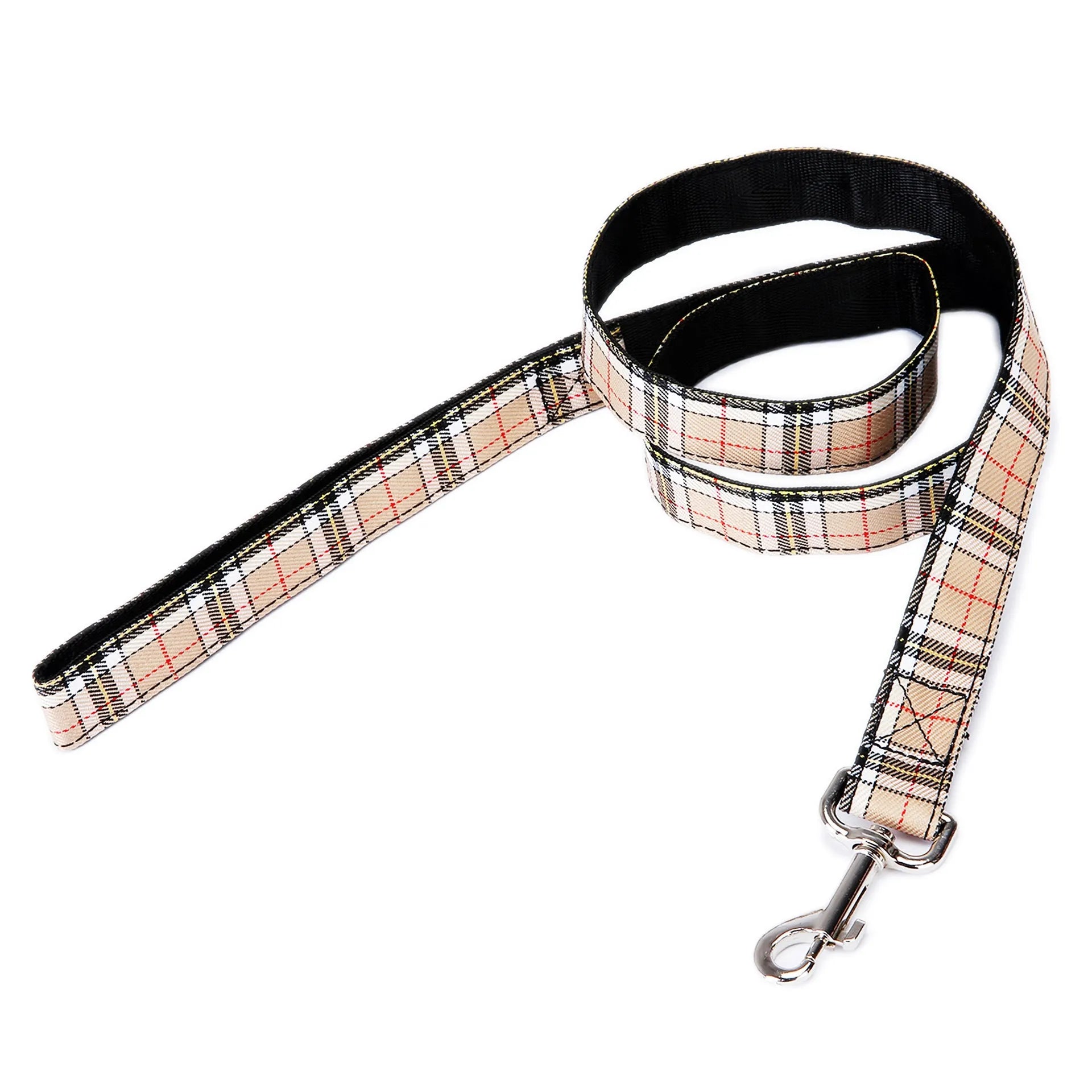 Black pet traction rope with plaid stripes, showing adjustable hand loop and 120cm length.