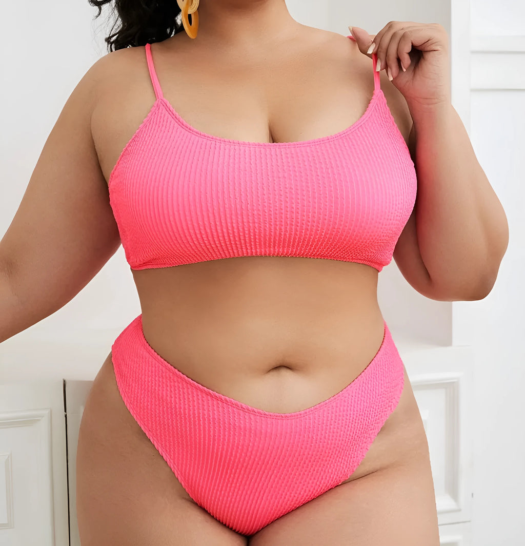 Plus-size solid pink bikini swimsuit with chest pad for women, polyester fabric, sizes L to 4XL