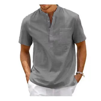 Men's solid colour loose-fit polo shirt with stand collar and short sleeves.