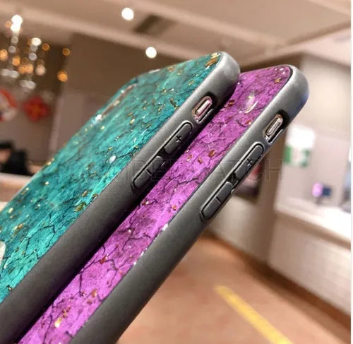 Hard clear silicone phone case with gold foil epoxy purple decoration for iPhone and Huawei smartphones