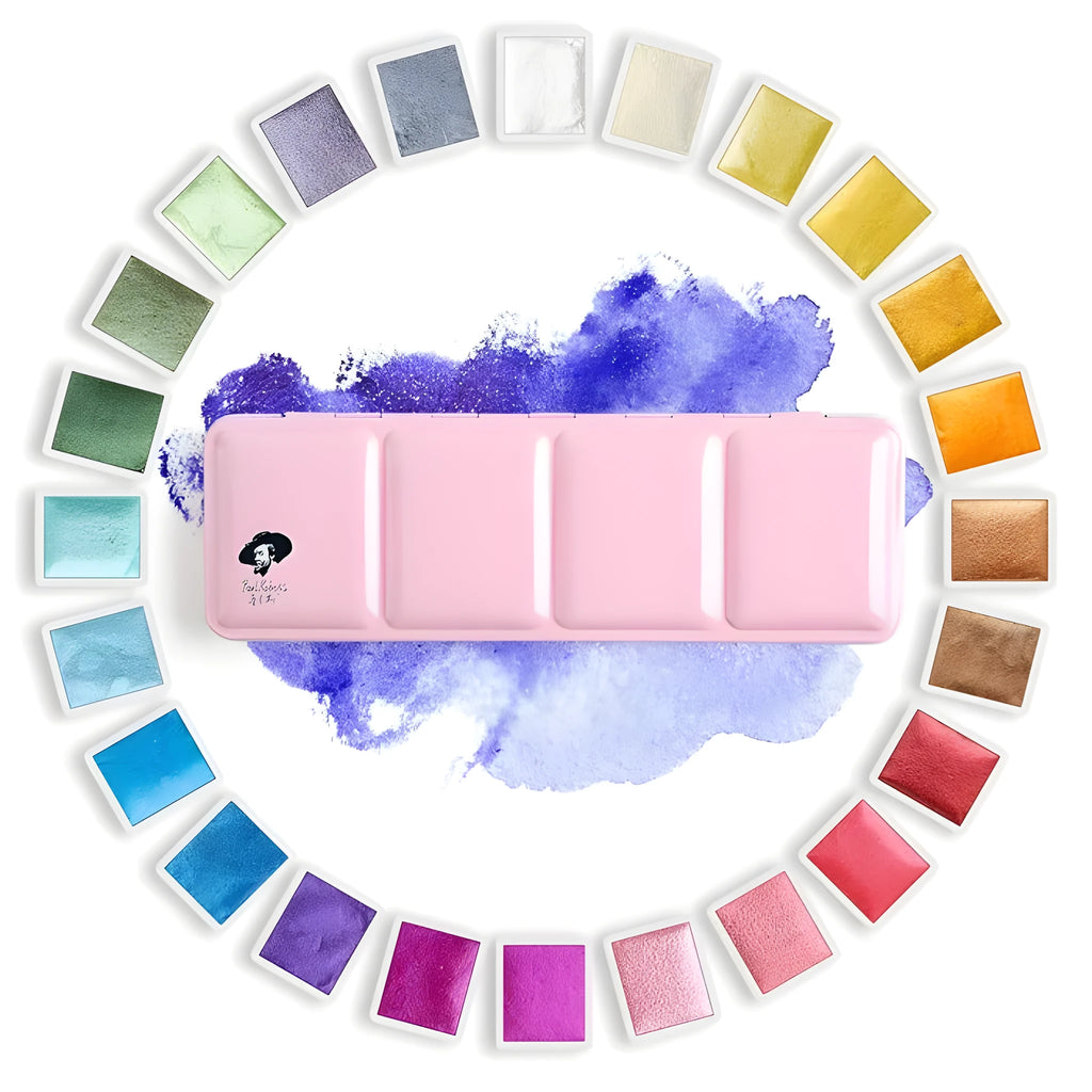 Solid watercolour paint palette showing pearl-effect colour pans in 12 and 24 set options.