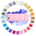 Solid watercolour paint palette showing pearl-effect colour pans in 12 and 24 set options.