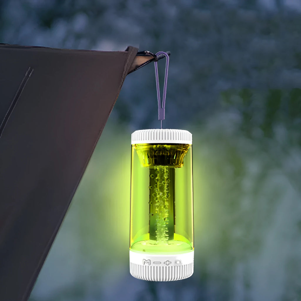 Black portable Bluetooth speaker with LED camping light, USB plug, 190mm tall