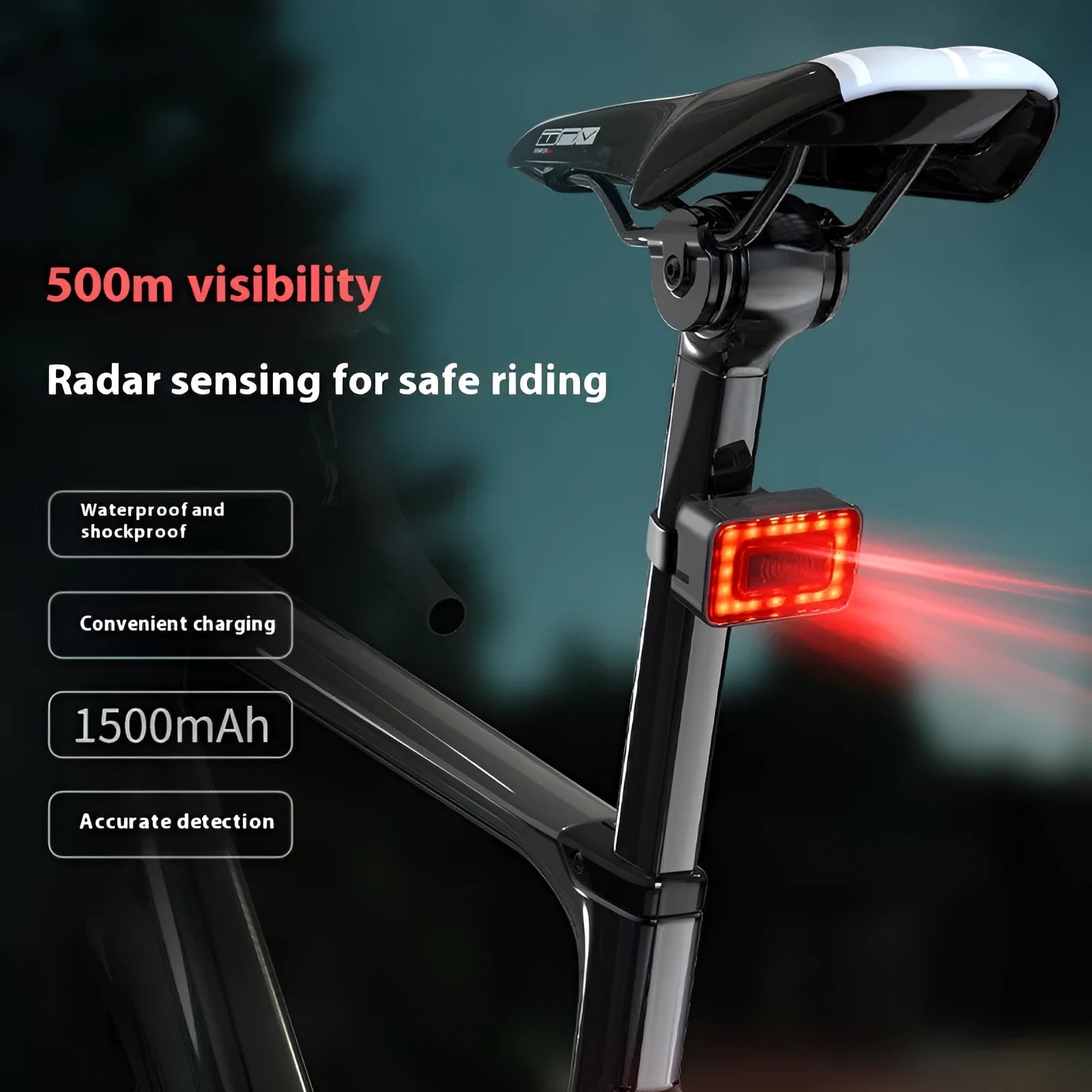 Black radar bicycle taillight with double mount bracket showing type-C charging port.