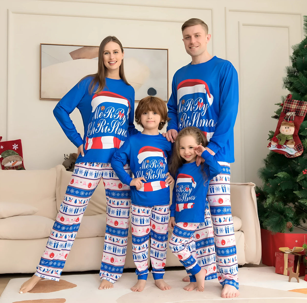 Matching family Christmas pyjamas set with letter print top and plaid pants in adult, child, baby, and dog sizes