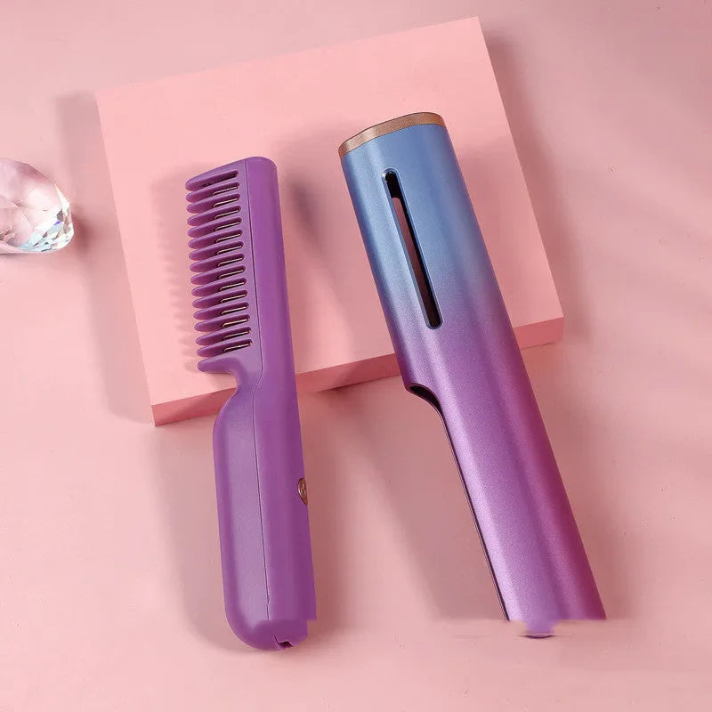 USB straight hair comb with tourmaline ceramic heat conductor, 3D gradient pink or green shell, and ten temperature settings