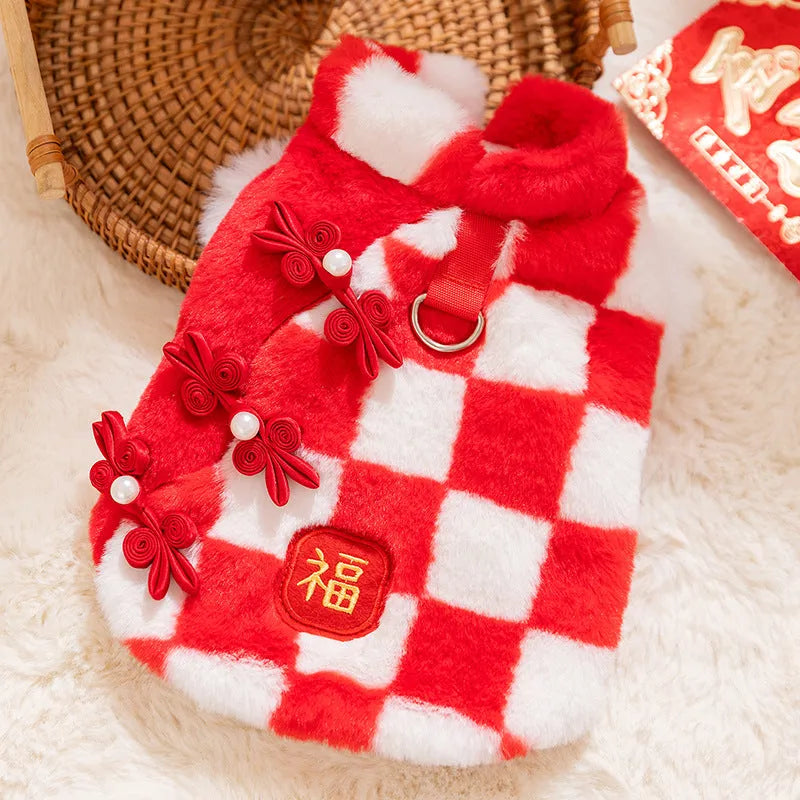 Red and white checkered plush pet vest with Qipao knot buttons and golden Fu embroidery for Chinese New Year