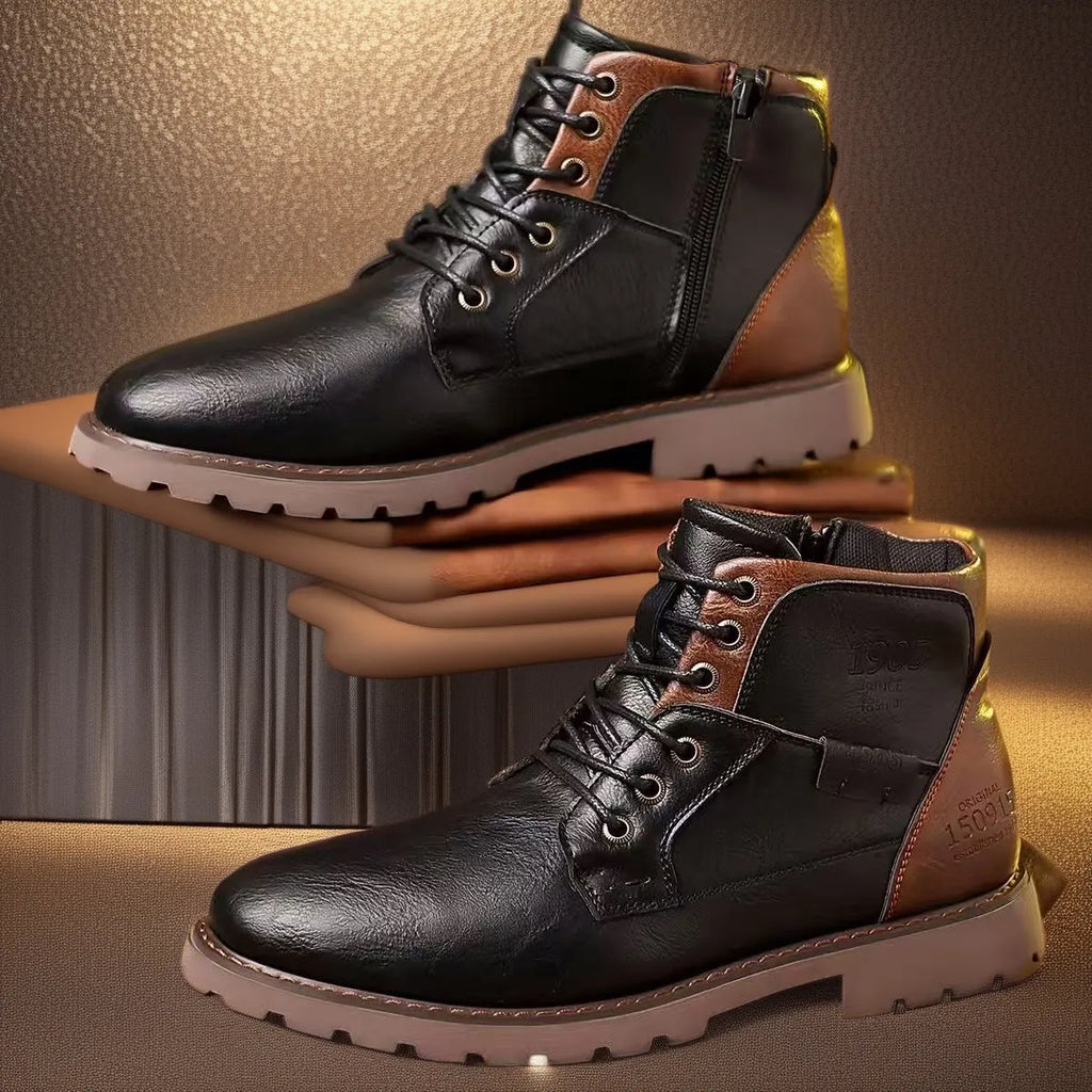 Men's brown ankle boots with side zipper and rubber sole on size 45