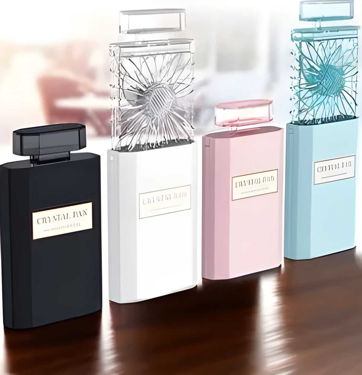 Pink portable perfume fan with USB charging port and integrated rechargeable battery
