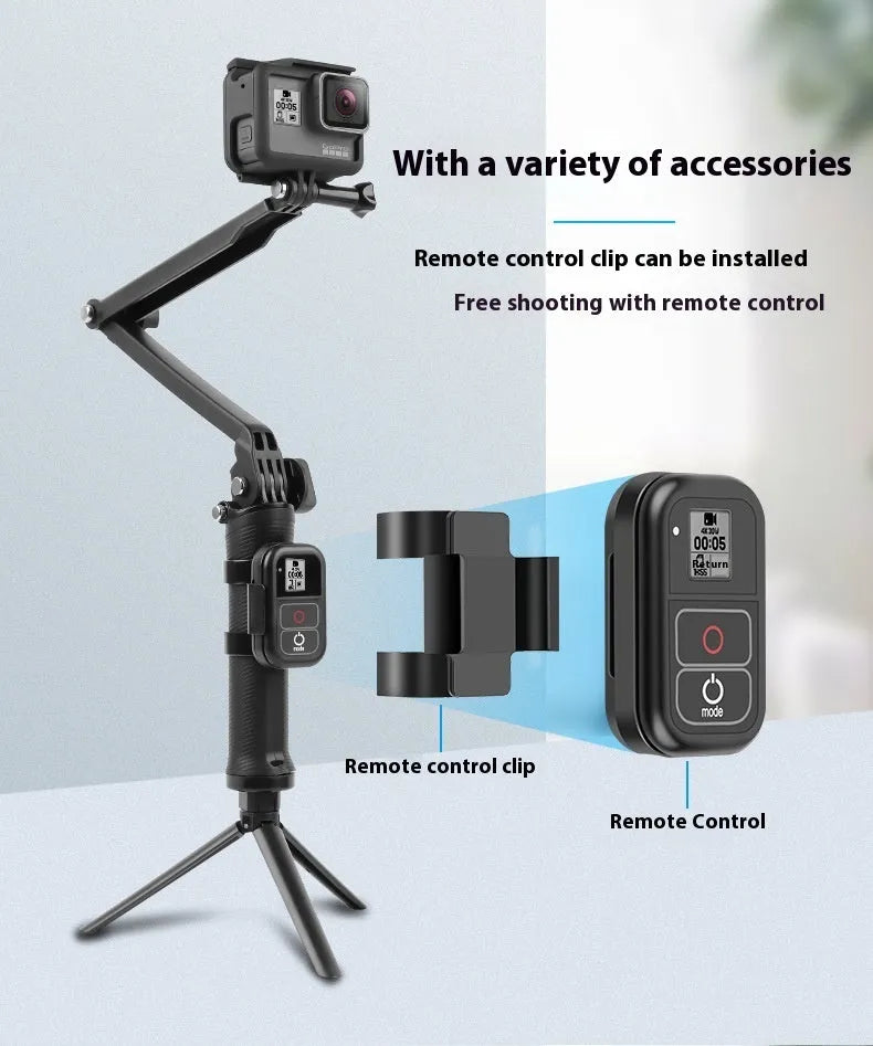 Black portable folding tripod bracket for GoPro Hero action cameras shown in open and closed positions