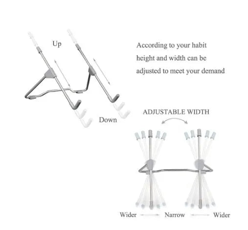 Grey aluminium alloy adjustable stand holding a mobile phone and a laptop at an angle.