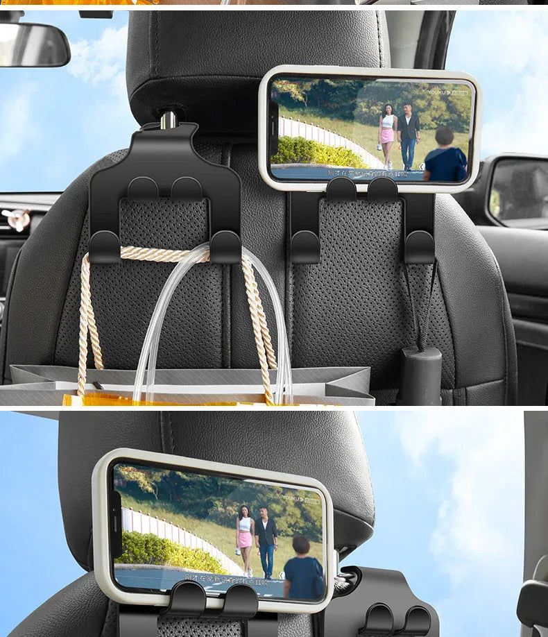 Car multifunction mobile phone holder hook with ABS construction showing bracket and hanging functions