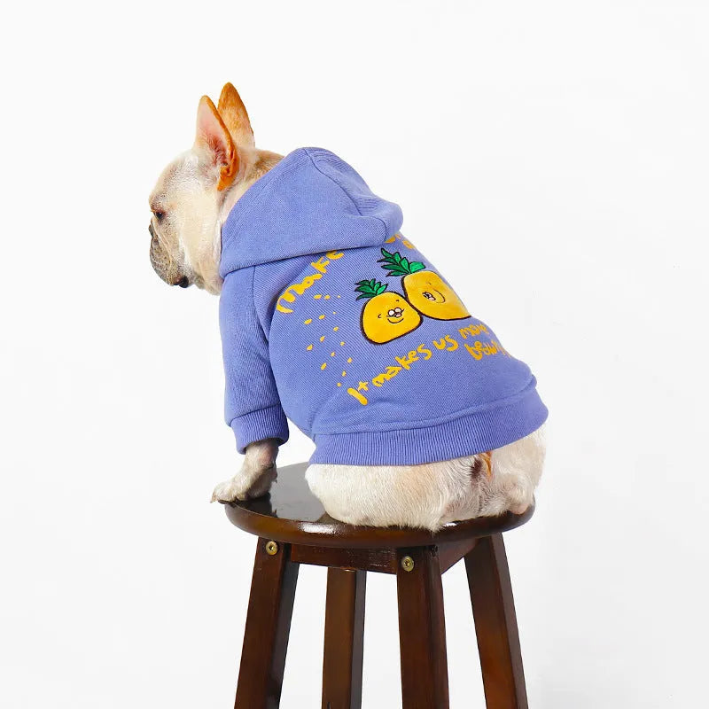 Blue and purple cotton dog hoodie with cartoon print in sizes L through 4XL