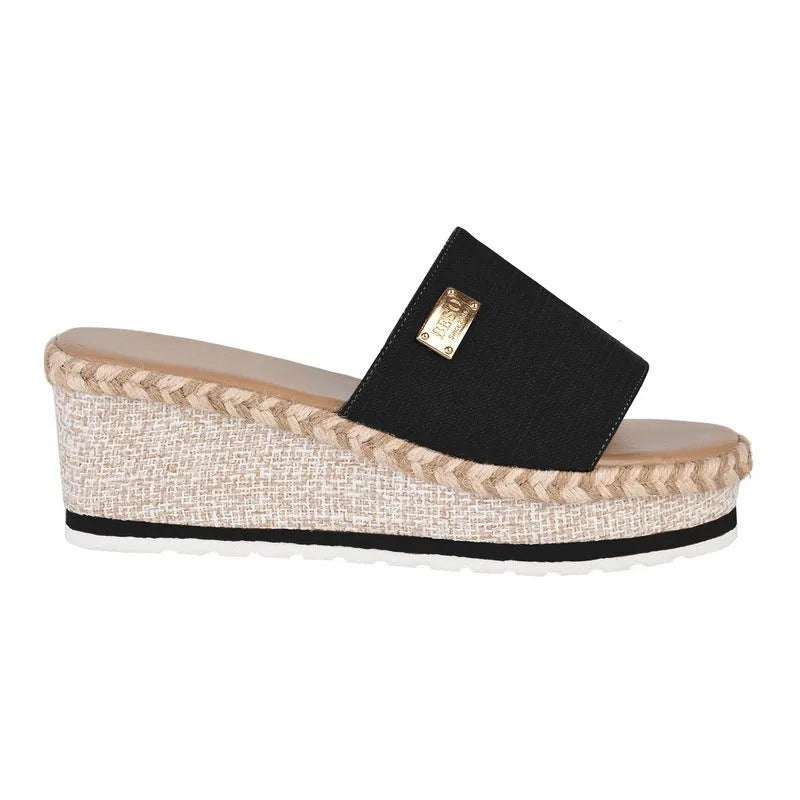 Women's wedge heel platform sandals with cloth upper and metal detail, plain style, front view